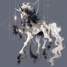 a white horse with black manes standing under chandelier