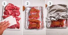 three pictures showing how to cut up raw meat and then put in tin foil on the counter