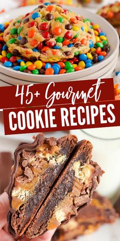 a person holding a cookie in their hand with the words, 45 gourmet cookie recipes