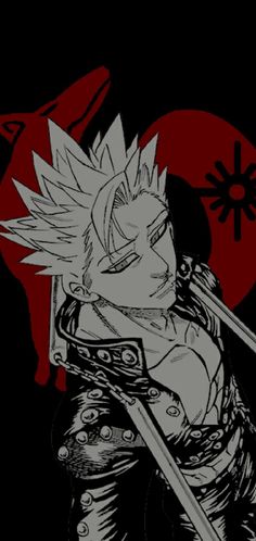 an anime character holding two swords in front of a red and black background with the sun behind him