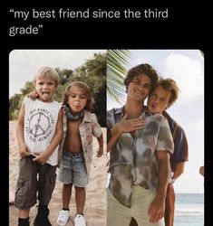 two young boys and an older boy standing on the beach with their arms around each other