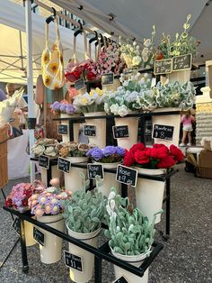 many different types of flowers on display at an outdoor market