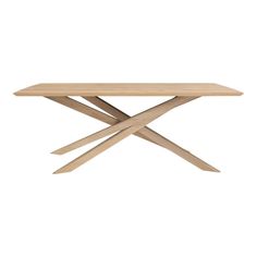 a wooden table with two crossed legs