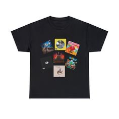 a black t - shirt with various items on the front, including cd's and cds