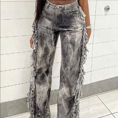 Tie Dye Tassel Straight Denim Jeans High Waist Botton Fly Blue Swimwear, Push Up Swimsuit, Printed Denim, Type Of Pants, Casual Trousers, Casual Fit, Colored Denim, Tie Dye Print, Slim Jeans