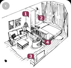 a drawing of a living room with furniture and numbers