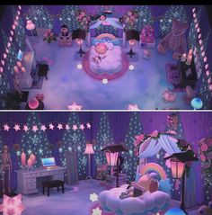 two pictures of a baby's room with teddy bears and stars on the walls