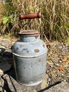 an old metal tea kettle sitting on top of a rock in front of some tall grass