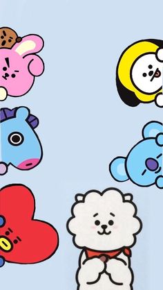 there are many different cartoon animals on this wallpapers and one is holding a heart