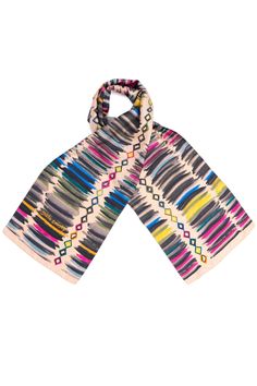 In this four-colorway series of long rectangular scarves, designer Dikla Levsky's delivers her version of stripes, one of the strongest motifs in the history of textile design. Diamond elements and striking color combinations add elegance and flair to a print anyone would love. Size: 35x180 cm (approximately 13.77x70.86 inch) >100% silk >Made in Italy >Dry clean >Gift box included *color and pattern may appear slightly different on your screen* Here you can view more beautiful scarve Yellow Silk Scarf, Italian Silk Scarf, Designer Shawl, Striped Shawl, Patchwork Scarf, Designer Scarf, Long Silk Scarf, Pretty Scarves, Purple Scarves