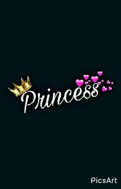 the word princess written in white and pink hearts on a black background with gold crown