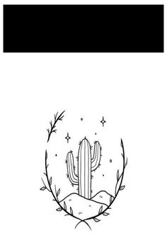 a black and white drawing of a cactus in the middle of a circle with stars