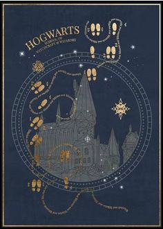 the hogwart's book cover is shown in gold and blue, with an image of hogwarts on it