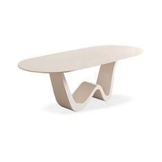 a white table with an oval shaped top and two curved legs, on a white background