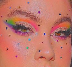 Stars Makeup Look, Stars Makeup, Rainbow Eye Makeup, Indie Makeup, Rainbow Stars, Cute Eye Makeup, Pride Makeup, Rave Makeup, Rainbow Makeup