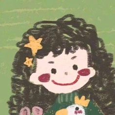 a drawing of a girl with curly hair holding a stuffed animal in her lap and smiling at the camera