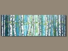 an abstract painting of white birch trees with green leaves