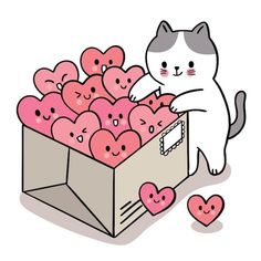 a cat that is standing next to a box of hearts