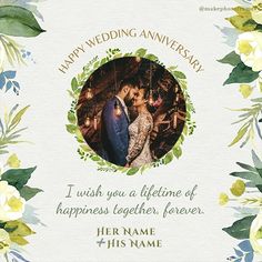 a wedding anniversary card with an image of two people kissing and flowers around the frame