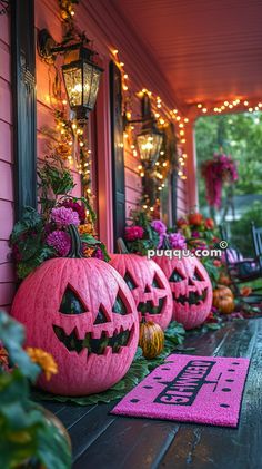 some pumpkins are sitting on the front porch