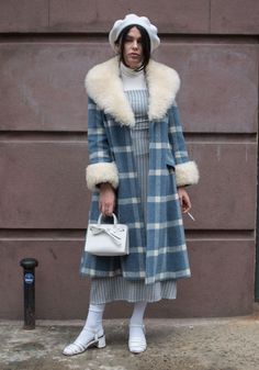 “I’m wearing my vintage line Sundew Shop and shoes from Maryam Nassir Zadeh. I was going for a sophisticated classic look, playing with soft colors. I love mixing patterns and adding socks or turtlenecks to compliment color ways.”  Feb 10, 2018 ∙ Chelsea Nyc Looks, Mixing Patterns, Stylish Coat, Winter Chic, Kawaii Fashion Outfits, Maryam Nassir Zadeh, Fall 2022, Clothing Hacks, Pattern Mixing