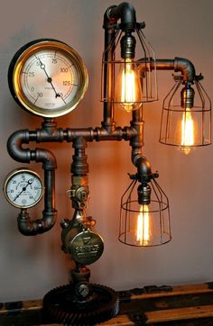 an industrial style lamp with multiple lights and gauges