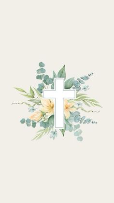 a cross with flowers and leaves around it