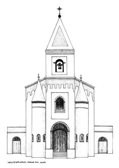 a black and white drawing of a church