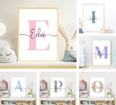 Personalised Name Print (Unframed) Welcome to my store! This name print makes an ideal gift or adds a finishing touch to any bedroom or nursery. (Please note photo frames shown are not included, they are for illustration only - Thank you!) Your artwork is printed on premium 280gsm luxury satin professional photographic card, using archival  inks to prevent fading over time. The print can be purchased in a variety of sizes either as a physical print to frame yourself, or as a digital file to prin Kids Name Wall Art, Nursery Name Canvas, Custom Kids Name Art, Kids Name Picture Frame, Personalised Baby Wall Art, Monogram Wall Art, Initials Logo Design, Baby Logo, Name Pictures