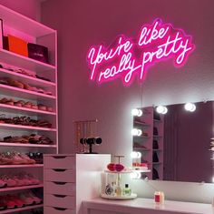 Looking for the perfect finishing touch for your salon's decor? Our "You're Like Really Pretty" neon sign is the perfect choice! This beautiful neon sign is sure to catch your clients' eyes and create a fun, playful atmosphere in your salon. Plus, it's a great way to show off your unique personality and sense of style. You're Like Really Pretty, Confidence Boost, Bedroom Bathroom, Neon Sign, Self Love, Vanity, Neon, Humor, Signs