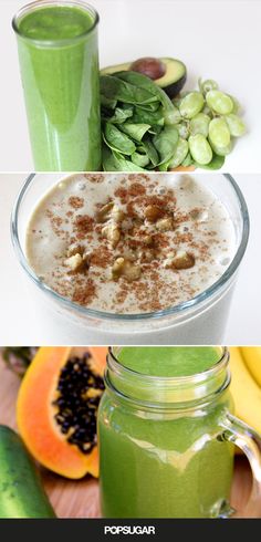 three pictures with different types of fruits and vegetables in them, including bananas, kiwis, green smoothie