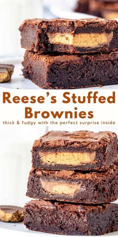 reese's stuffed brownies are stacked on top of each other with peanut butter in the middle