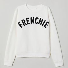 H&M Off-White “Frenchie” Printed Sweatshirt - Size Xs Nwt Elevate Your Casual Wardrobe With This Charming Off-White Sweatshirt From H&M, Featuring A Playful “Frenchie” Print On The Front. Size Extra Small H&m Cotton Sweatshirt With Letter Print, H&m Letter Print Sweatshirt For Fall, White French Terry Top With Graphic Print, White Sporty French Terry Tops, Sporty White French Terry Tops, H&m Relaxed Fit Crew Neck Sweatshirt, H&m Relaxed Fit Sweatshirt For Spring, White French Terry Tops For Fall, White Relaxed Fit French Terry Top