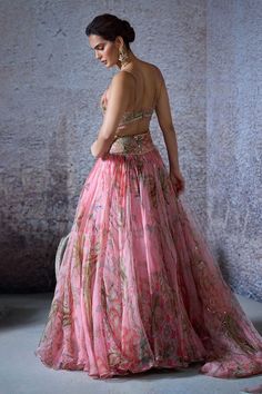 Blush pink lehenga with floral print and embroidered waistline. Paired with embroidered blouse and dupatta. - Aza Fashions Blush Pink Lehenga, Mahima Mahajan, Cape Lehenga, Kurta Lehenga, Lehenga Pattern, Makeup Images, Indian Bridal Photos, Lehenga Skirt, Pink Lehenga