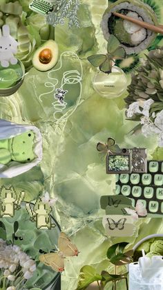 a collage of green and white items including flowers, plants, and other things