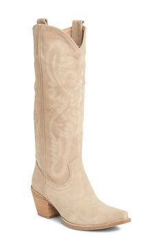 Decorative stitching graces the supple suede upper of a timeless almond-toe Western boot grounded by a chunky stacked heel. 2 1/4" heel 14" shaft Leather upper/leather and textile lining/synthetic sole Imported Styling Cowboy Boots Women Nordstrom, Beige Short Cowboy Boots, Western Boots Suede, Light Tan Cowboy Boots, Coral Boots Outfit, White Weatern Boots, Cowboy Boots Women Casual, Jeffrey Campbell Cowboy Boots, Tan Suede Western Boots