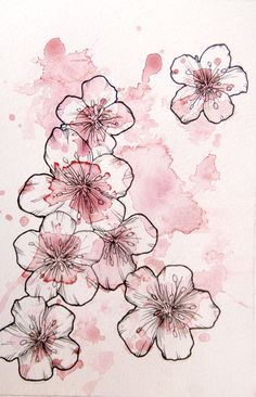 some pink flowers on a white background with watercolor stains and blotches in it