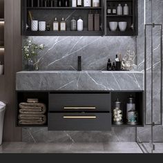 a bathroom with marble counter tops and shelves