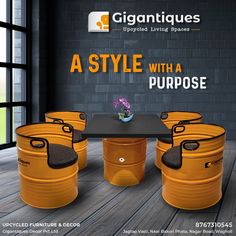 an advertisement for a furniture store featuring yellow barrels and a table with flowers on it