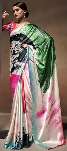 Multicolor color Saree in Satin Silk, Silk fabric with Digital Print work Sabyasachi Sarees, Satin Silk Saree, Digital Print Saree, Modern Saree, Print Saree, Satin Saree, Trendy Sarees, Indian Attire, Fancy Sarees