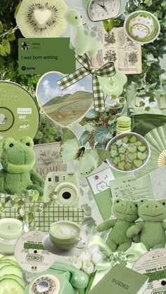 a collage of green and white items including a teddy bear, clock, flowers, pictures, and other things