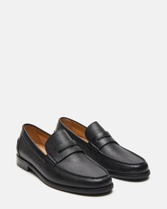 ALONSO Black Leather Slip-On Loafer | Men's Casual Loafers – Steve Madden Timeless Black Loafers For Business Casual, Timeless Black Business Casual Loafers, Elegant Black Tassel Loafers With Stitched Sole, Timeless Black Loafers For Business, Timeless Black Business Loafers, Timeless Black Moccasins For Business, Timeless Black Business Moccasins, Black Classic Slip-on Tassel Loafers, Classic Black Loafers With Stitched Sole