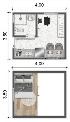 the floor plan for a small apartment with two separate rooms and one bedroom on each side