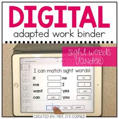 an ipad with the words digital adapted work binder on it and a hand pointing at it