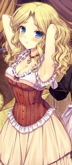 an anime character with blonde hair and blue eyes wearing a corset