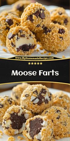 chocolate chip cookies are stacked on top of each other with the words moose fars above them