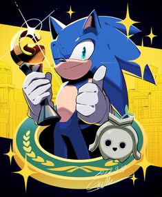 sonic the hedgehog holding a trophy in his hand