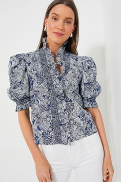 Navy Geo Floral Ruffle Neck Aria Blouse Timeless Silhouettes, Round Wardrobe, English Factory, Outfit Formulas, Cocktail Attire, Closet Staples, Fashion 2024, Quiet Luxury, Floral Ruffle