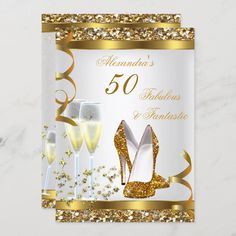 a 50th birthday card with champagne and high heel shoes on the front, surrounded by gold confetti