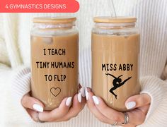 two women holding coffee mugs that say i teach tiny humans to flip and gymnastics designs